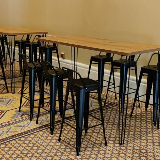 bar stools with hairpin cocktail table for rental purpose