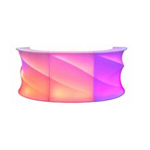 Curved LED bar counter with a white top and pink, purple and warm-toned illuminated panels