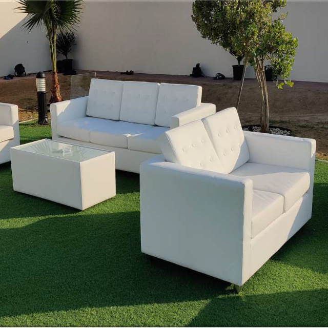 Two Seater White sofa for rent . in this picture Qureshi events showing the how looks two seater sofa in event