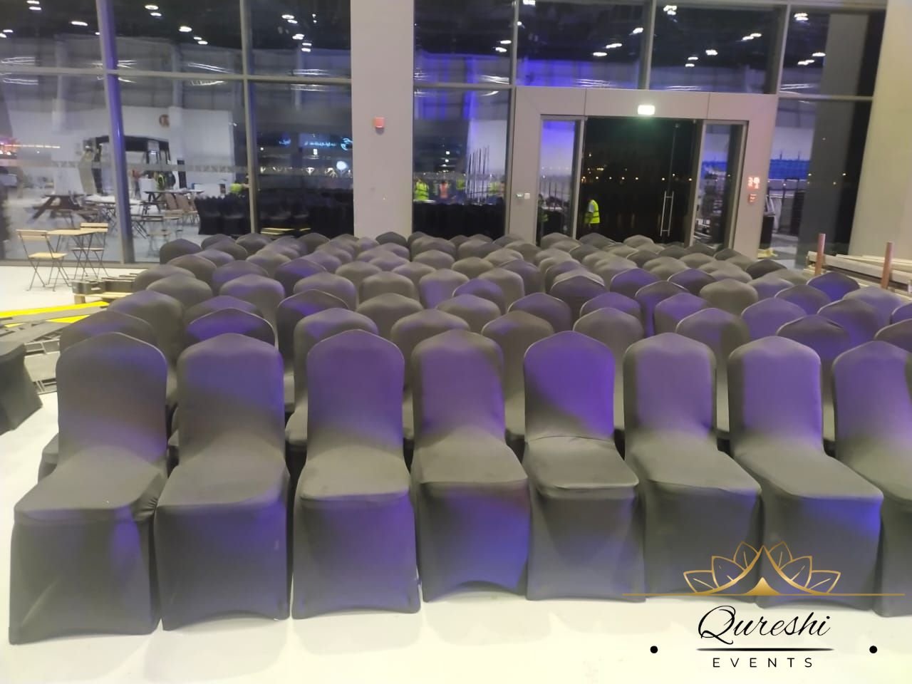 black Chairs for rent purpose in dubai with black stretch cover