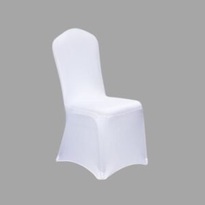 White banquet chair with elegant curved back and polished chrome legs. Perfect for formal events and weddings.