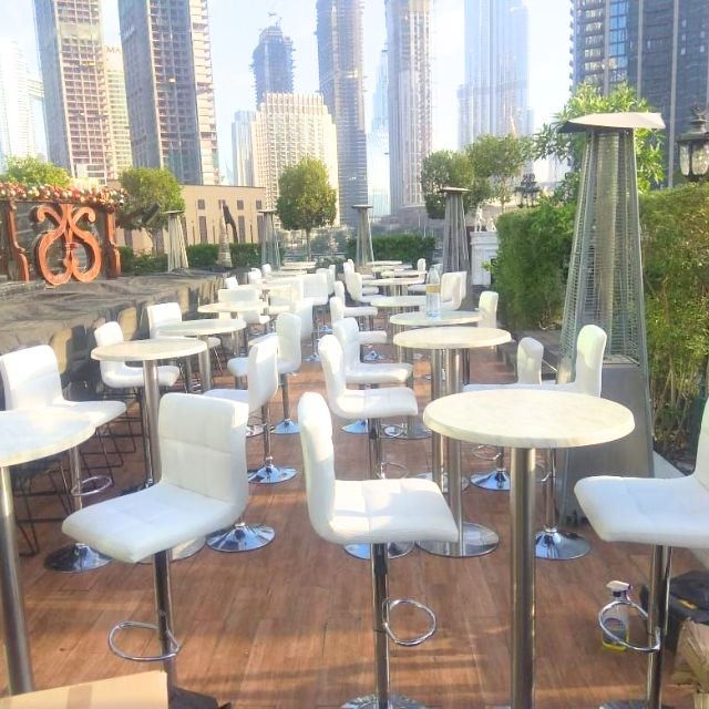 white bar stools with cocktail tables for rental purpose